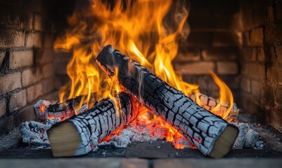 Fototapeta premium Close-up of fire burning in a brick fireplace, bright embers