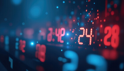 Red and Blue Financial Numbers Display: Abstract close-up of a digital display with red and blue numbers, showcasing a stock market or financial theme on a dark blue background.