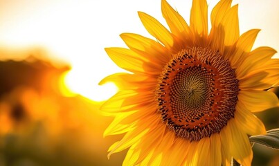 Obraz premium Close-up of sunflower against sunset, warm glow, detailed petals