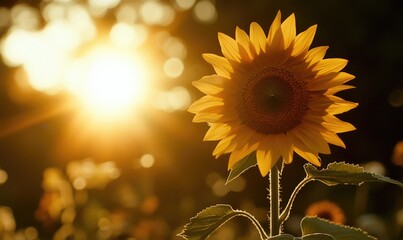 Naklejka premium Close-up of sunflower against sunset, warm glow, detailed petals