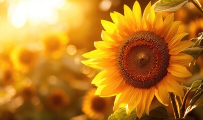 Naklejka premium Close-up of sunflower against sunset, warm glow, detailed petals