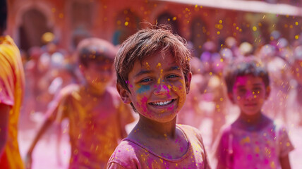 Smiling Indian child with color powder on his face and clothes at Holi celebration