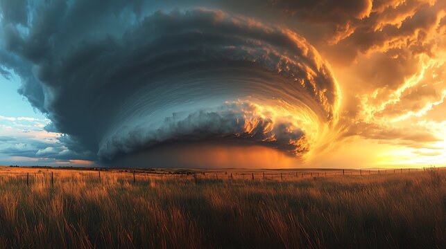 Dramatic sunset storm clouds rolling over a grassy field, adding intensity to the sky.
