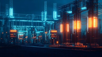 49. An electrical substation in a high-tech industrial park with glowing components