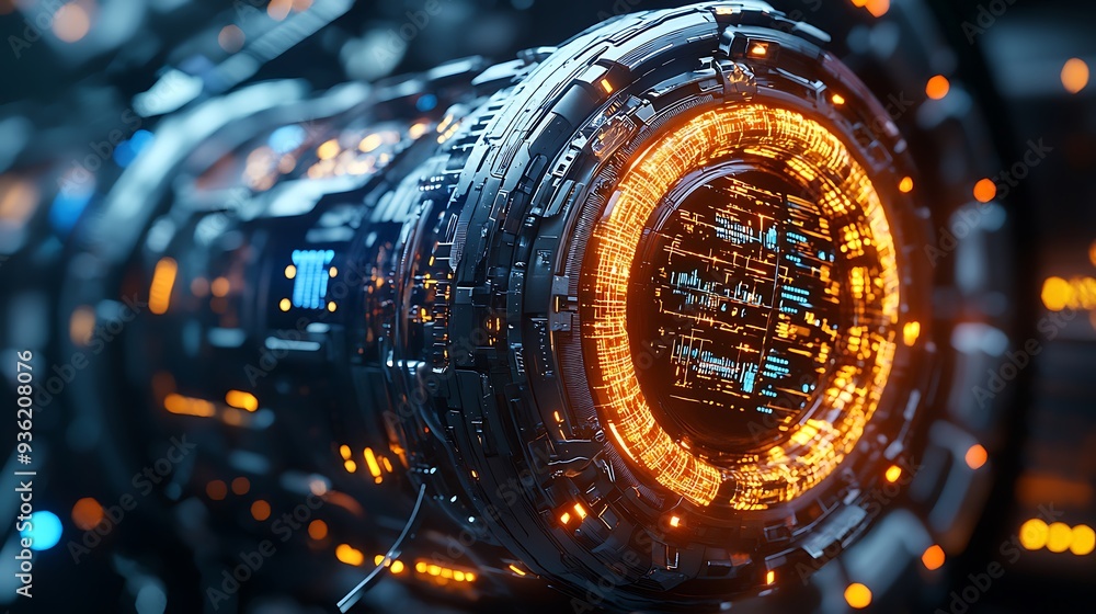 Poster futuristic technology abstract background with glowing lights, creating a high-tech atmosphere.