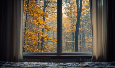 Cozy living room, wide window, view of rainy autumn landscape