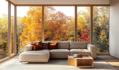 Scandinavian living room, light wood accents, soft beige couch, panoramic windows