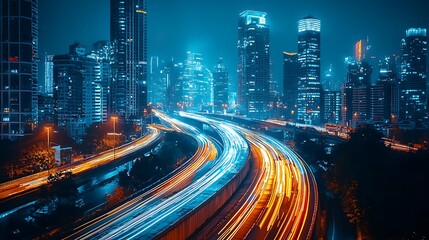 Fototapeta premium Night city skyline with traffic light trails, capturing dynamic motion and city life.