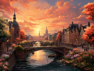 Obraz premium Eyecatching Amsterdam canal with boats and bicycles on a bridge