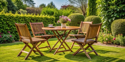 Fototapeta premium Garden table and chairs with a background, outdoor furniture, patio, relaxation, backyard, dining, setting, seating