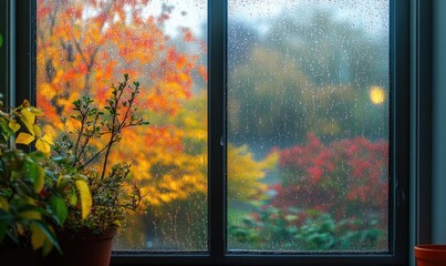 Cozy space, large glass window, autumn forest, raindrops on leaves