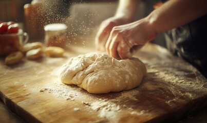 Dough being kneaded on a wooden table