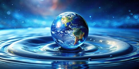 Blue planet earth encapsulated in a cosmic water droplet, showcasing the many worlds concept, planet, earth, blue, cosmic, water