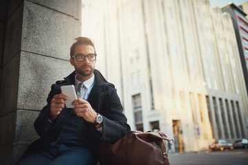Businessman, phone and thinking in city for communication, commute and morning for networking. Male...