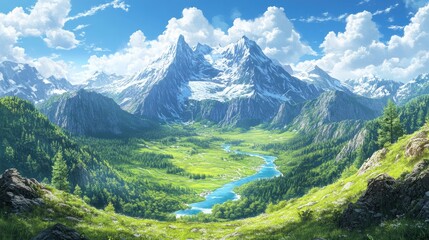 Fototapeta premium Majestic anime-style mountain range with a crystal-clear river winding through, captured in a panoramic view that exudes peace and beauty