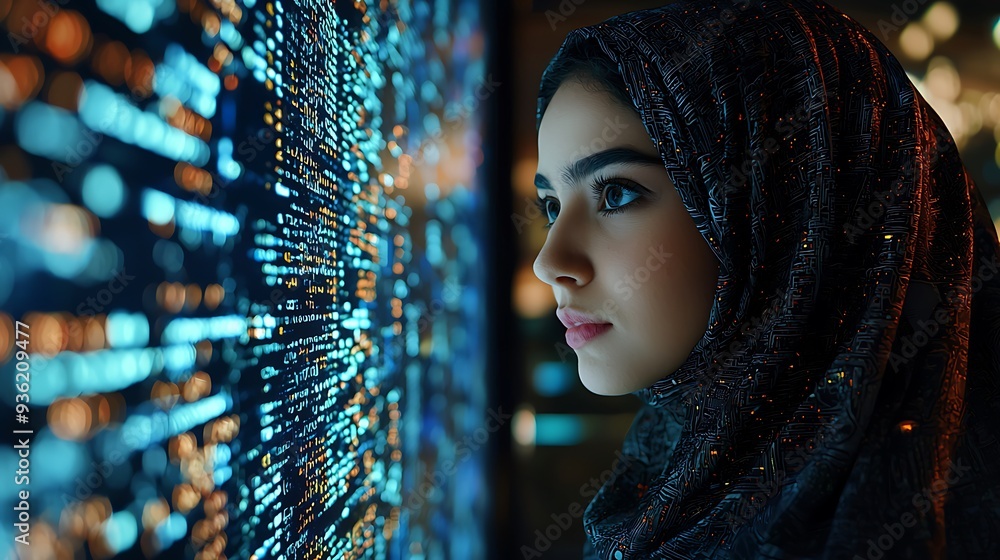 Aufkleber woman in hijab looking at a code screen, immersed in programming tasks.