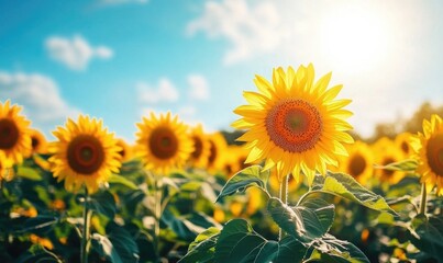 Rows of sunflowers, bright blooms