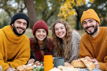 Friends gathering for a potluck in a lush, green park
