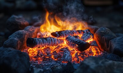 Fototapeta premium Fire blazing in a rustic wood-burning fireplace, glowing embers