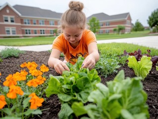 A person with Down syndrome gardening in a colorful urban community garden