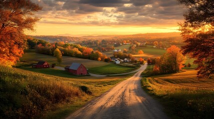 Fototapeta premium village in the distance with rolling hills full of autumn colors, a dirt road winding through, and a soft golden sunset illuminating the landscape