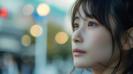A close-up candid photo of a young cute Japanese woman looking thoughtfully into the distance