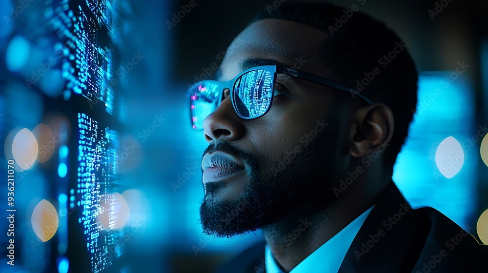Poster man in glasses looking at code on a screen with blue light, focused on technical details.