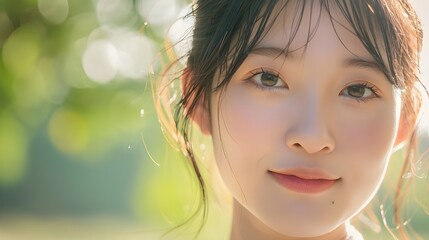 Fototapeta premium Portrait of a smiling young woman with brunette hair enjoying a sunny day in the park
