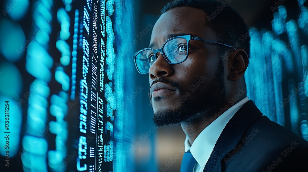 Poster businessman examining data on a screen, analyzing key information for informed decisions.