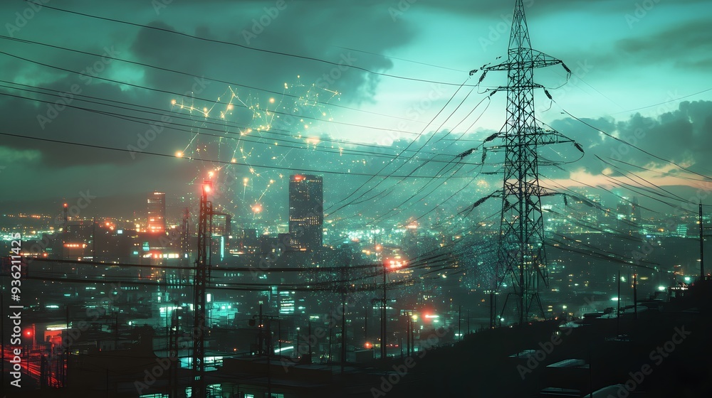 Poster 42. a modern cityscape with an overlay of a power grid network in augmented reality