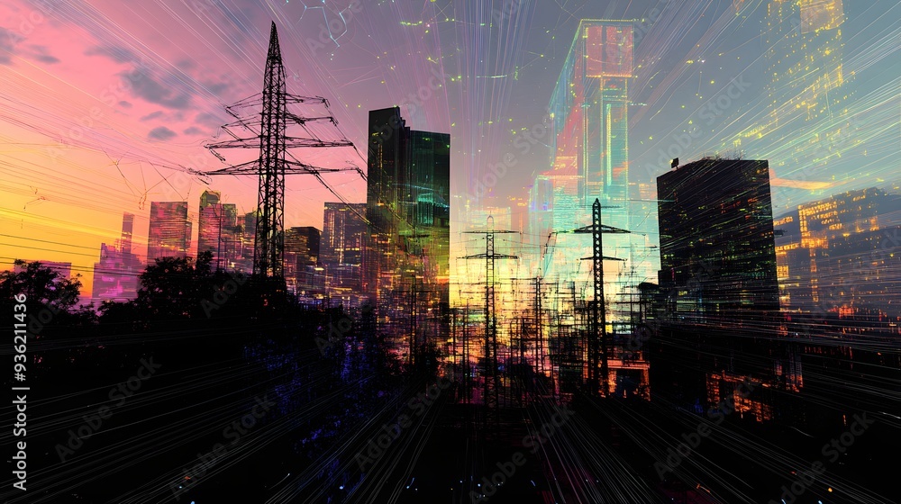 Poster 42. a modern cityscape with an overlay of a power grid network in augmented reality