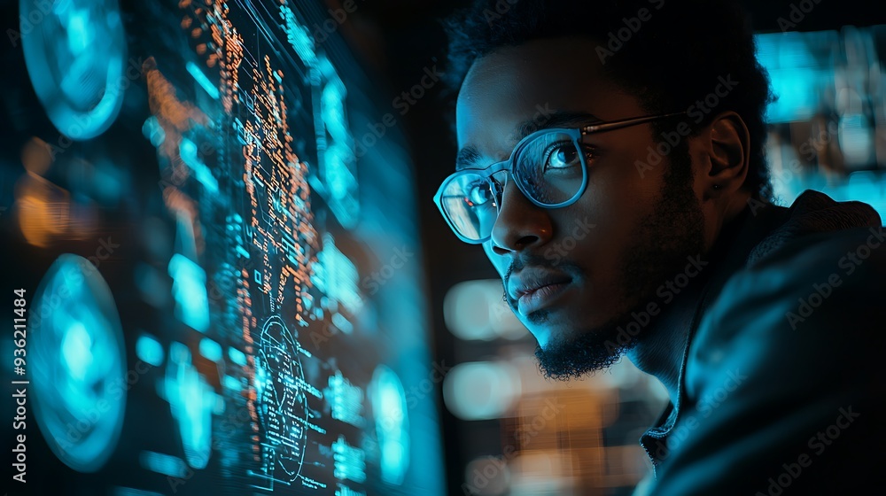 Aufkleber cybersecurity expert analyzing data on a screen, demonstrating expertise in data protection.