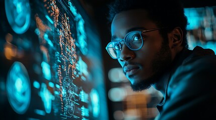 Cybersecurity expert analyzing data on a screen, demonstrating expertise in data protection.