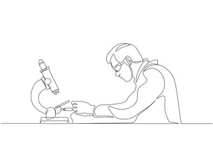 Continuous one line drawing of scientist using microscope in laboratory. One line drawing illustration of scientist with microscope. World science day concept line art. Editable outline.