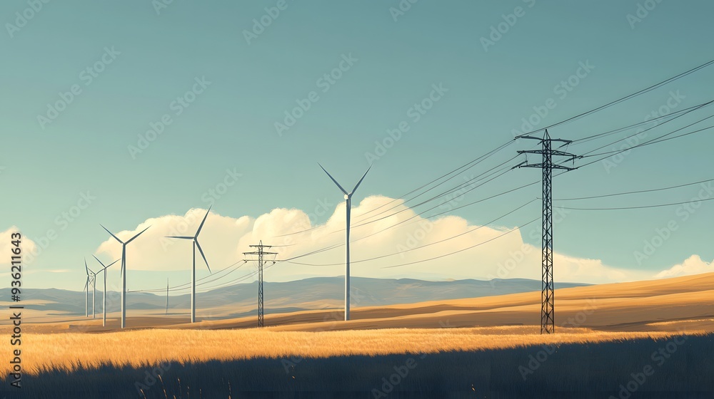 Poster 43. a scenic view of wind turbines with power lines extending towards the horizon