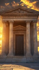 Obraz premium Ancient stone temple with towering columns and dramatic sunset sky, evoking a sense of history and grandeur.