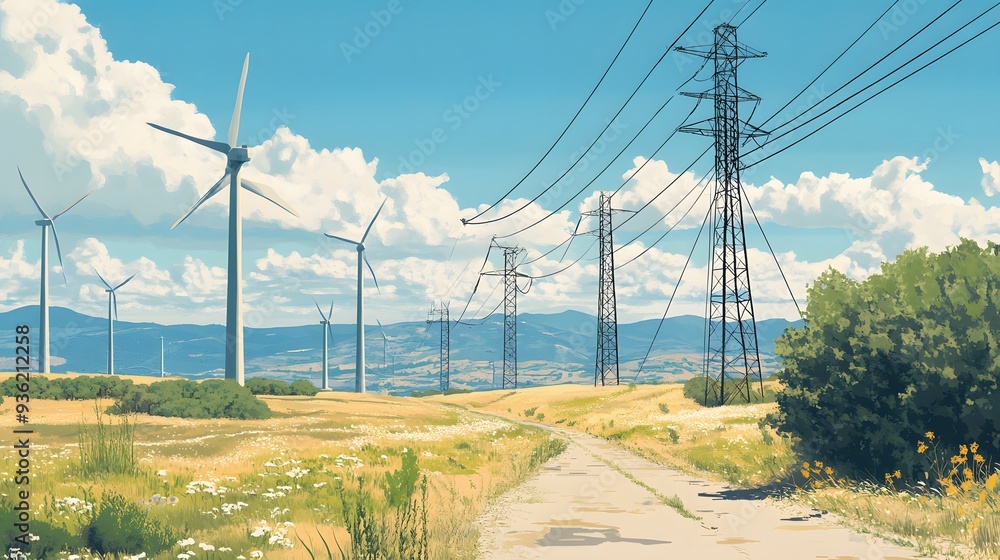 Poster 43. a scenic view of wind turbines with power lines extending towards the horizon