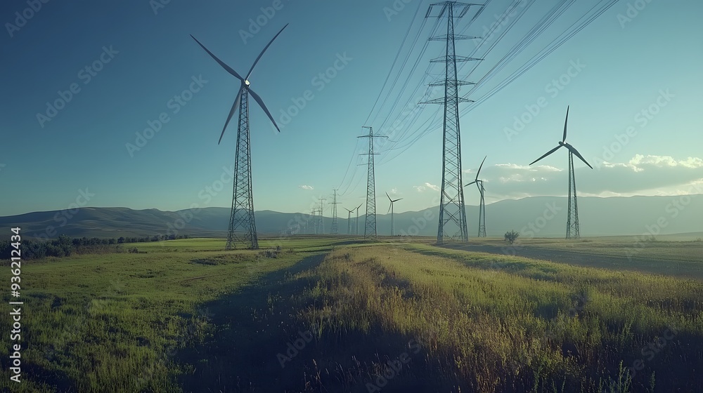Poster 43. a scenic view of wind turbines with power lines extending towards the horizon