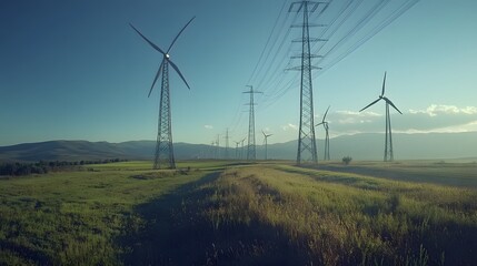 43. A scenic view of wind turbines with power lines extending towards the horizon