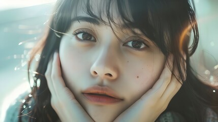 A candid close-up of a young Japanese woman biting her lip playfully