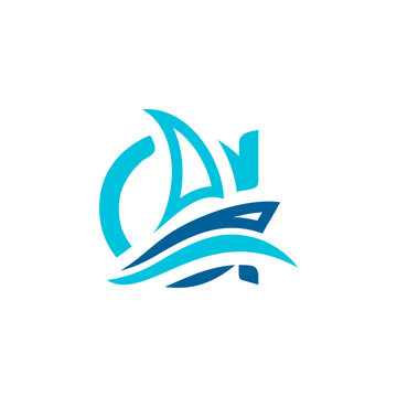 vector logo combination of sailing ship or boat with letters, initials, alphabet, with blue base color for business purposes and others