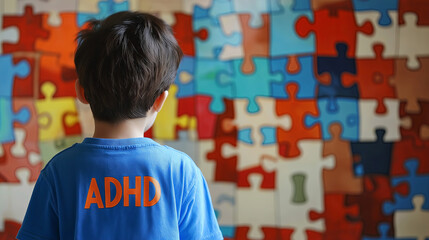  Young boy with ADHD facing a colorful puzzle wall, symbolizing challenges in focus and concentration.