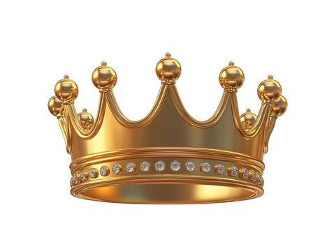 A golden crown made of metal. Crown with crosses and diamonds, golden crown isolated on transparent background. Monarchy and power winner, success concept.