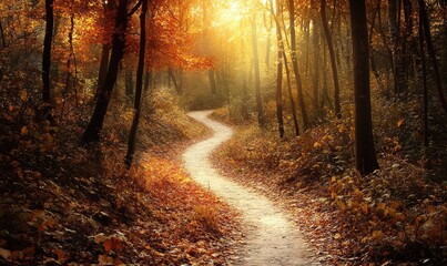 Path through the autumn forest, nature landscape