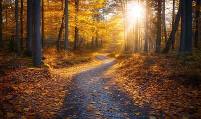 Fototapeta premium Path through the autumn forest, nature landscape