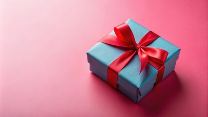 Fototapeta premium Blue gift tied with red ribbon on pink background, gift, blue, ribbon, red, pink, present, surprise, celebration, holiday