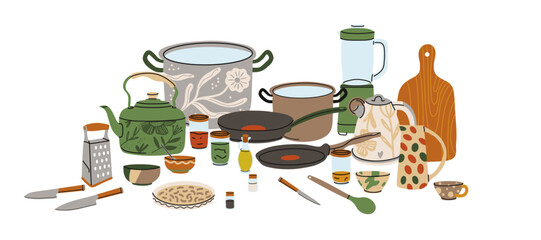 Kitchen utensils. Kitchenware tools and equipment. Frying pan, saucepan, knives and forks. Cutlery objects for food cooking modern contemporary crockery cartoon flat isolated vector illustration