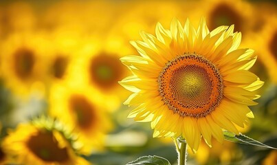Obraz premium Closeup view on sunflower field, selective focus
