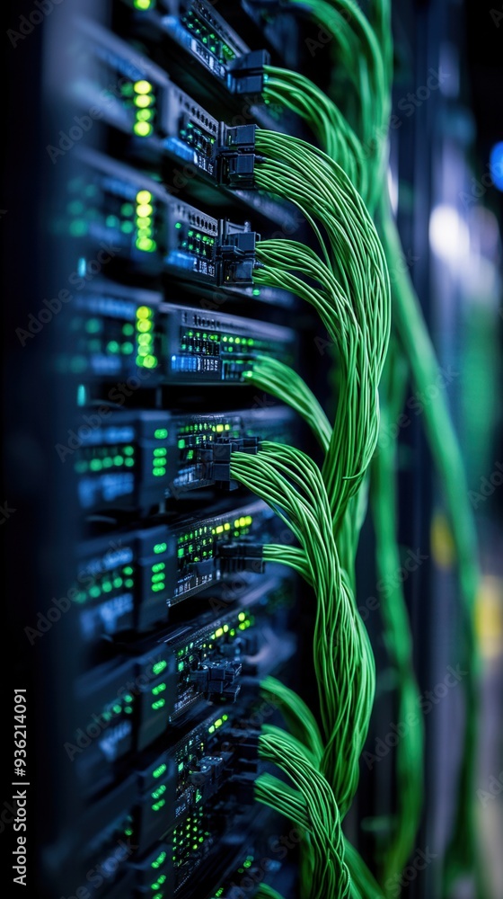 Poster close-up of network server with green cables and led lights in data center, illustrating modern tech