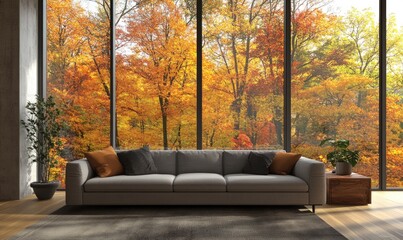 Minimalist Scandinavian living room with soft gray sofa, large windows and view on autumn forest